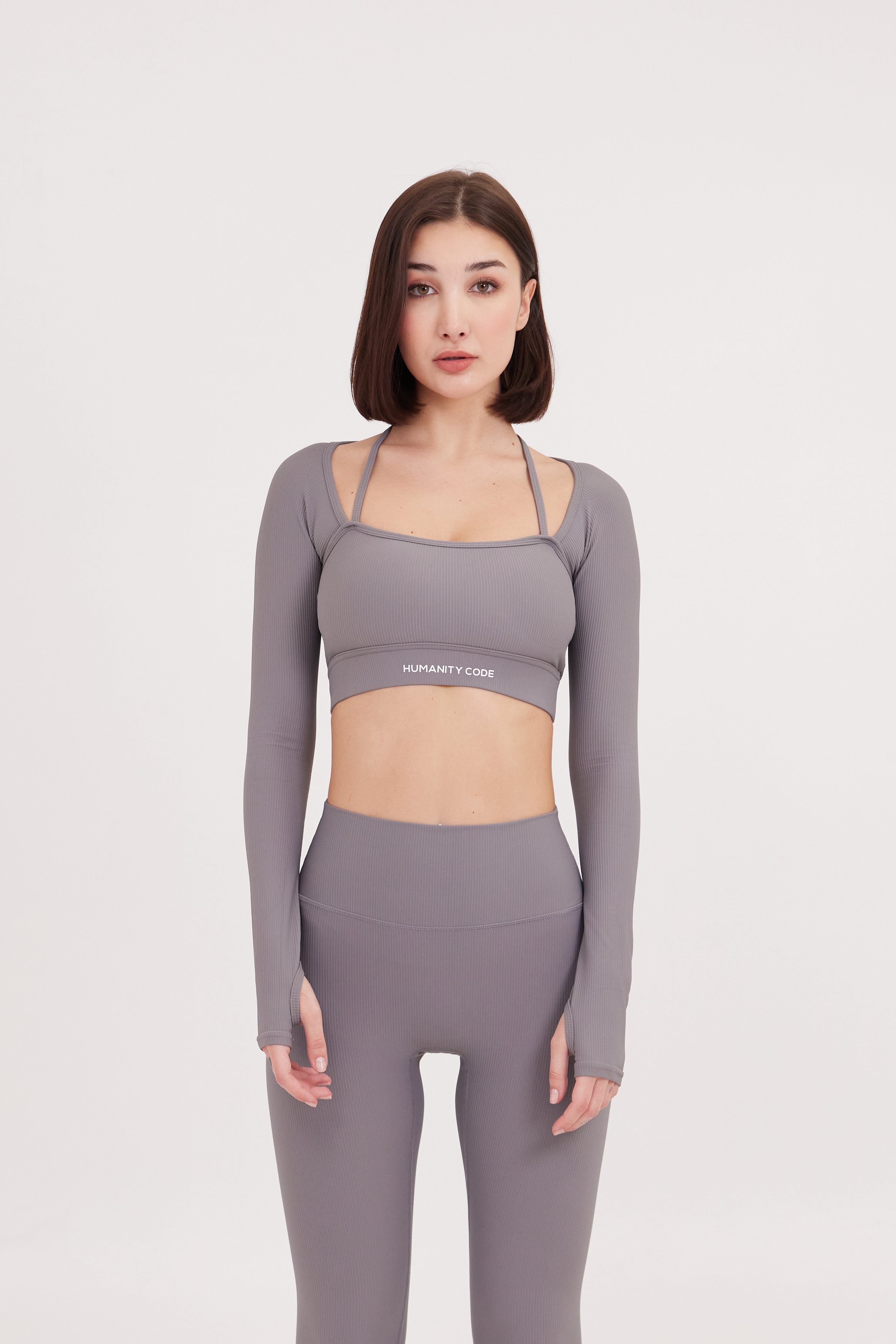 AirFlex Contour Long Sleeve Crop Top with Built-In Bra Light Grey