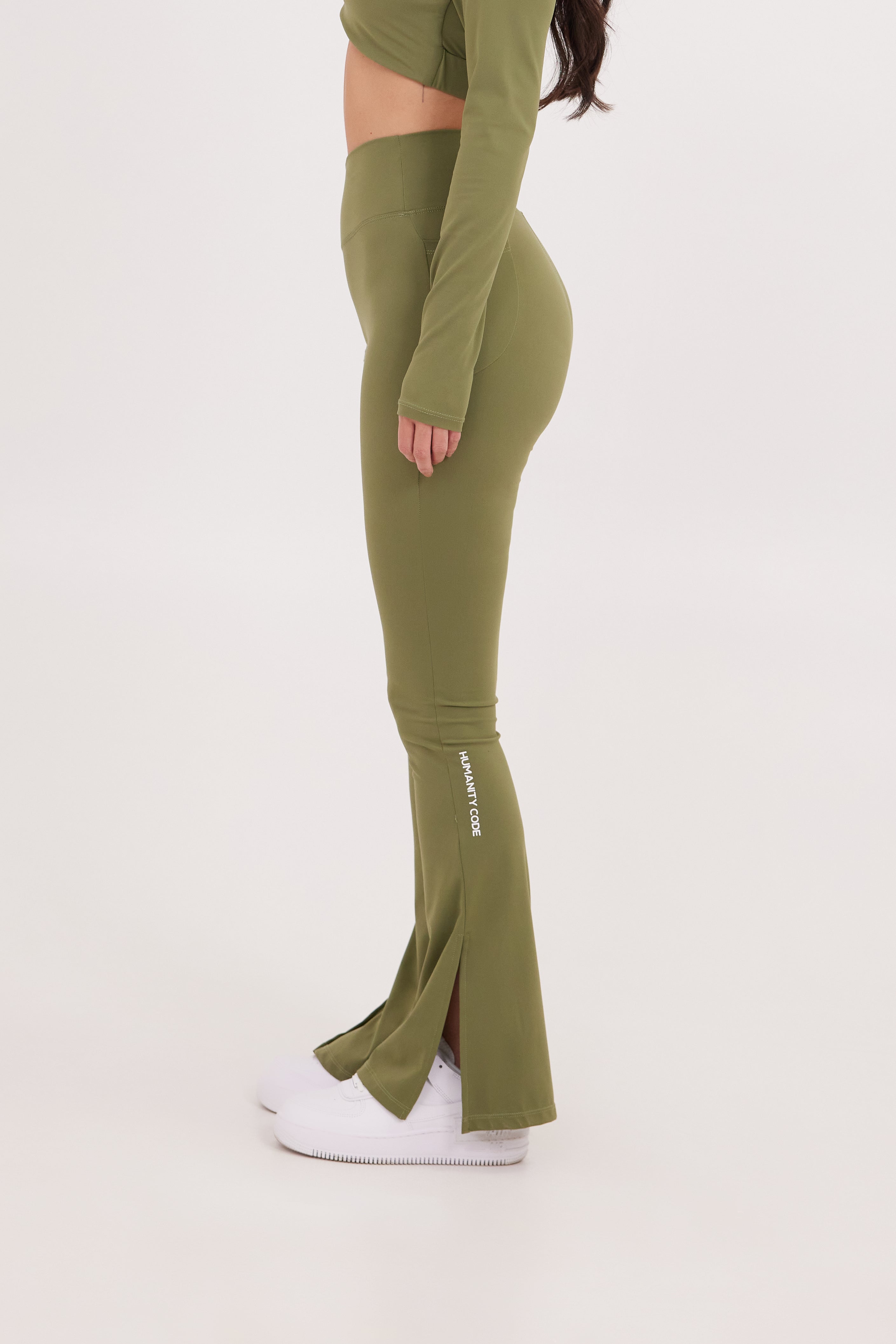 SoftSkin High-Waist Flare Yoga Pant with Pocket in Olive Green